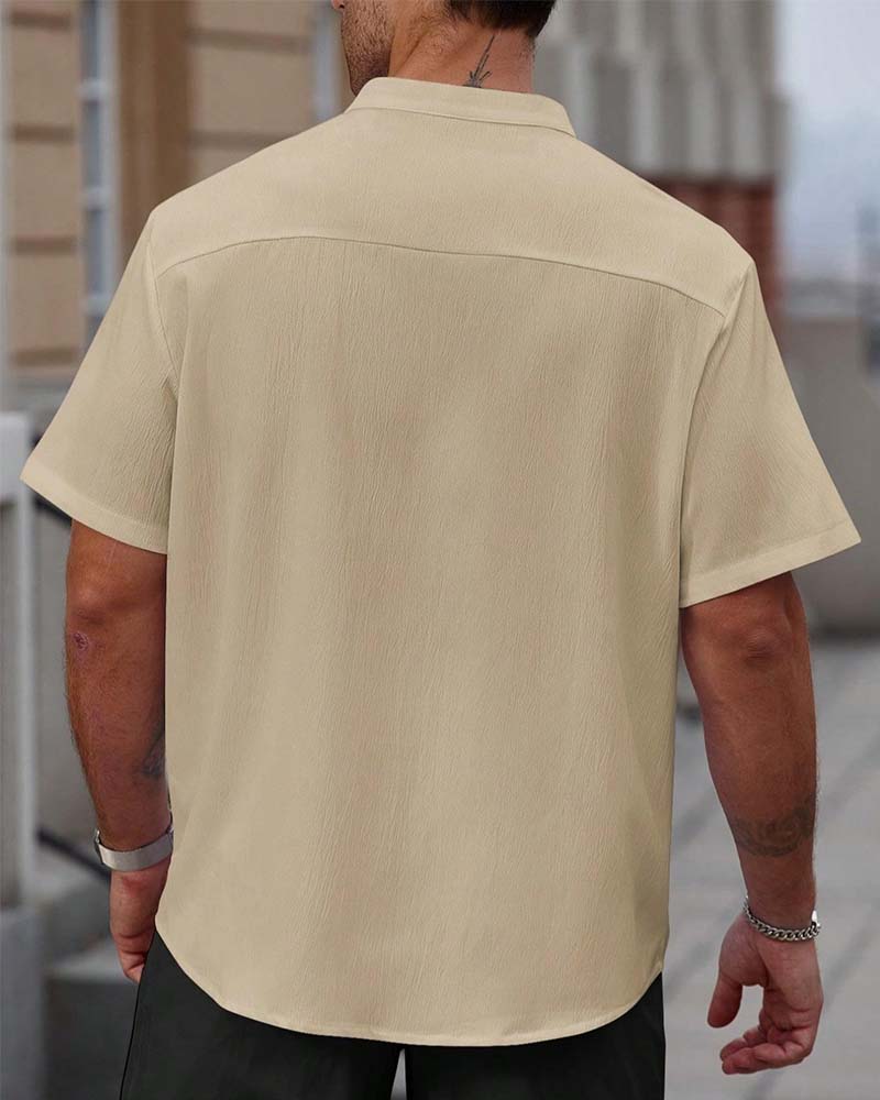 Textured Stand Collar Short Sleeve Shirt