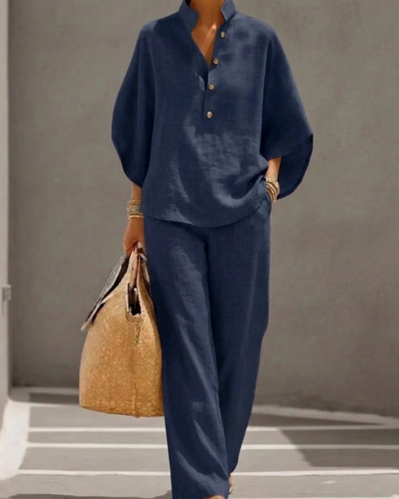 Stand Collar Batwing Sleeve Wide-Leg Pants Set