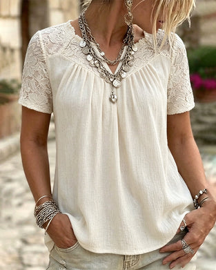 V-Neck Lace Patchwork Short Sleeve T-Shirt