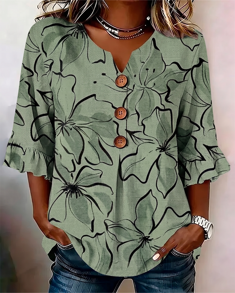 V-Neck Floral Ruffle Three-Quarter Sleeve Blouse