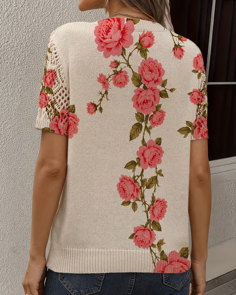 Printed Hollow V-Neck Pullover