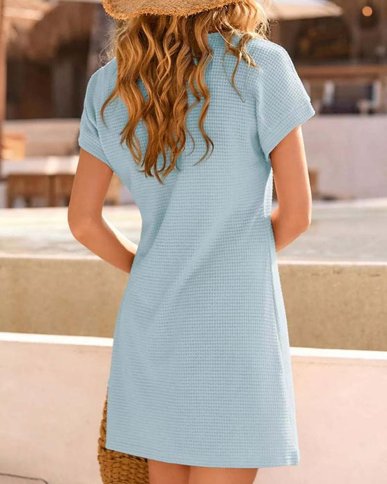 Waffle Textured Lace Trim Short Sleeve Dress