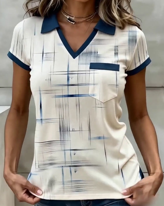 V-Neck Printed Color-Blocked Top