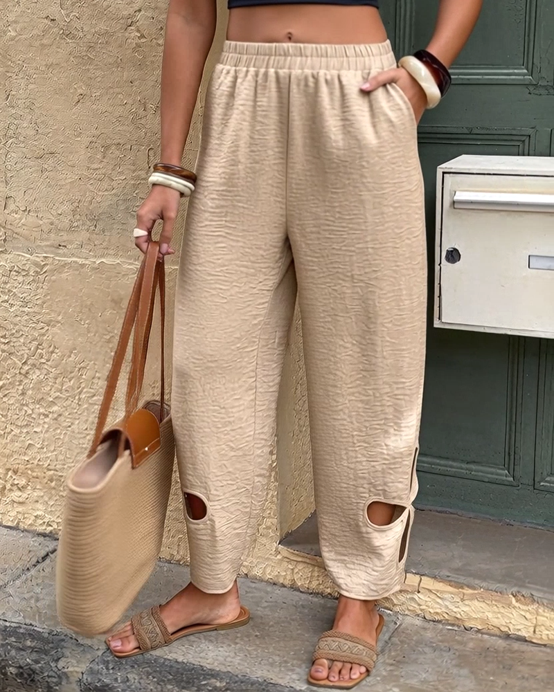 Textured Floral Pattern Cut-Out Hem Casual Pants