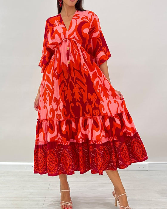 V-Neck Floral Print A-Line Dress