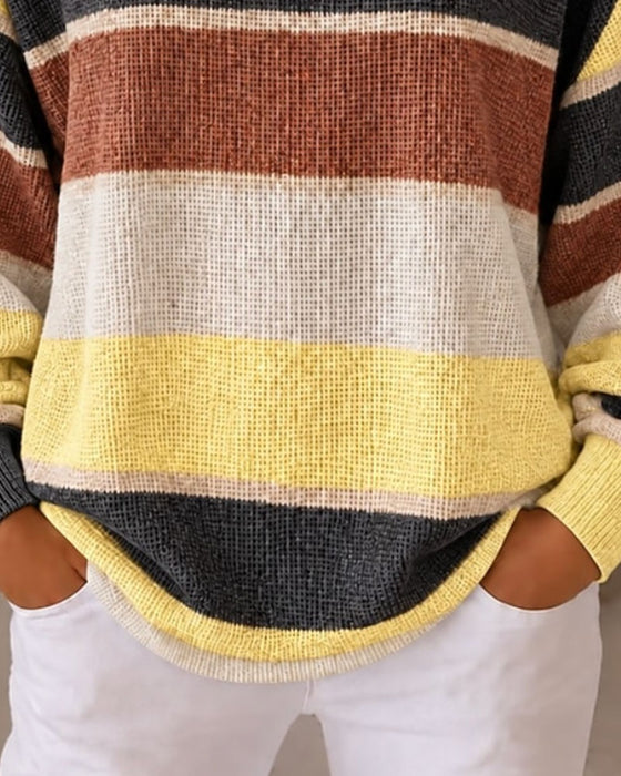 Round Neck Buttoned Contrast Striped Sweatshirt