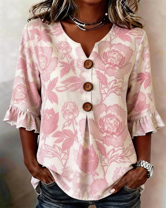 Printed Ruffled Cuff Blouse