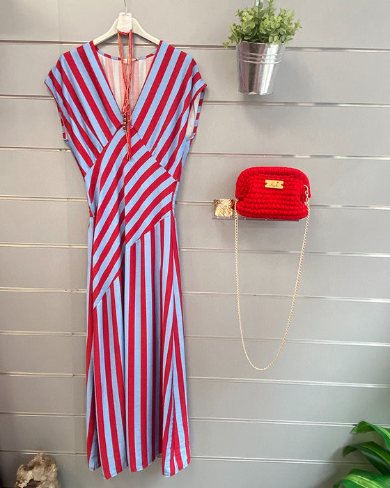V-Neck Striped Waist-Cinching Maxi Dress