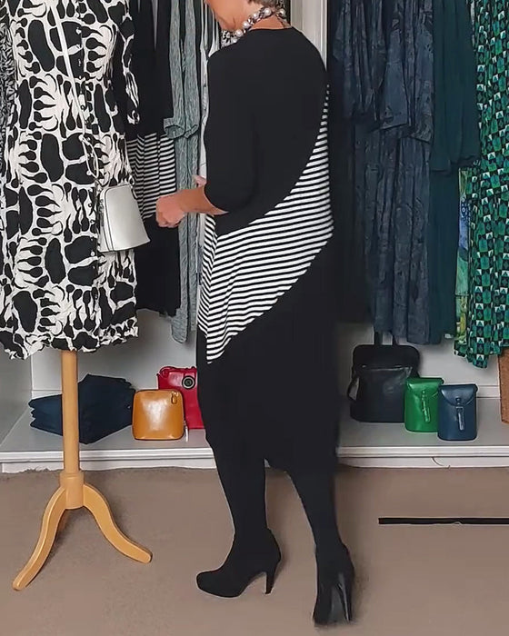 Casual striped color block crew neck dress