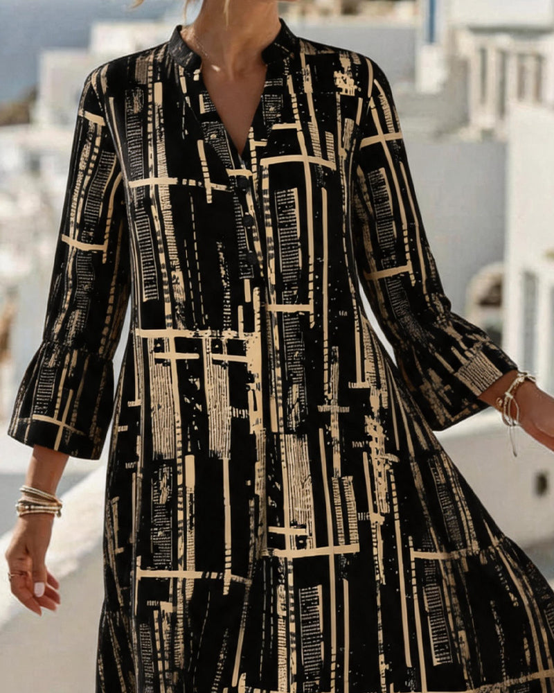 Mandarin V Neck Loose Stripe Dress