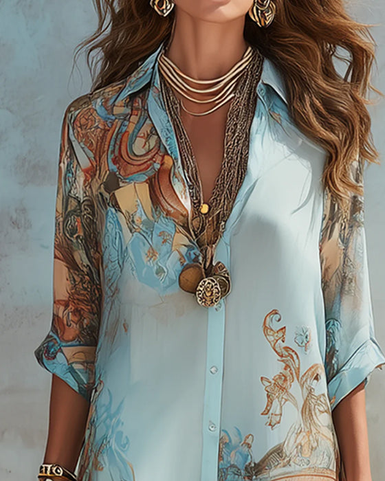 Vintage Oil Painting Print Shirt Maxi Dress