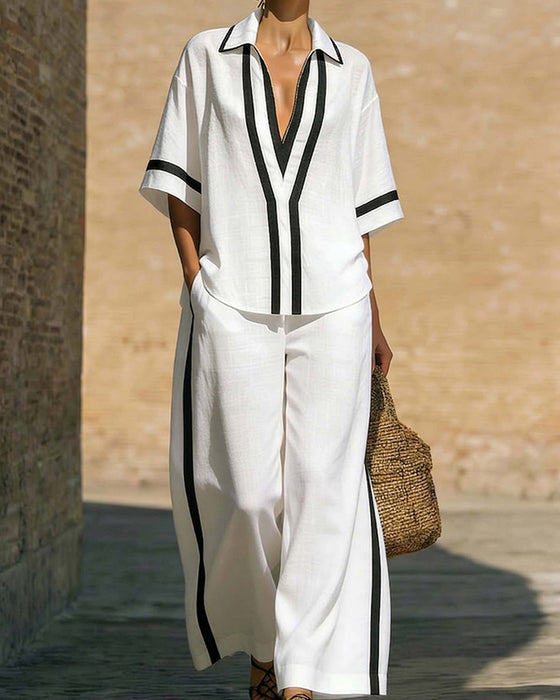 Loose Color Block Shirt Wide-Leg Pants Set