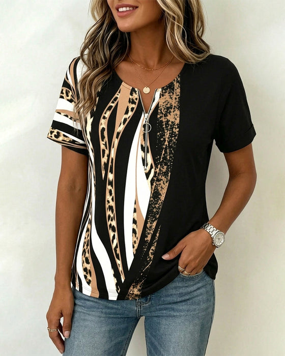 Zipper Leopard Print Color-Block Casual T-Shirt