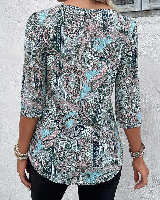 Three-Quarter Sleeve Vintage Print Blouse