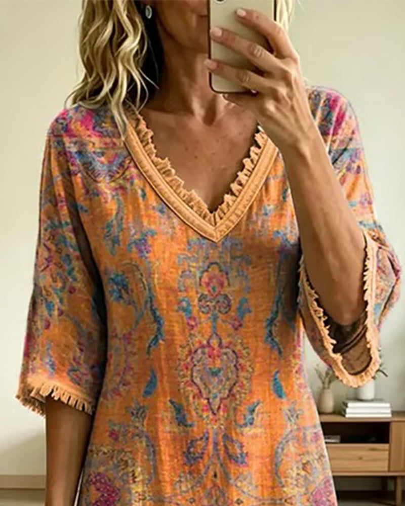 Vintage V-Neck Floral Print Dress