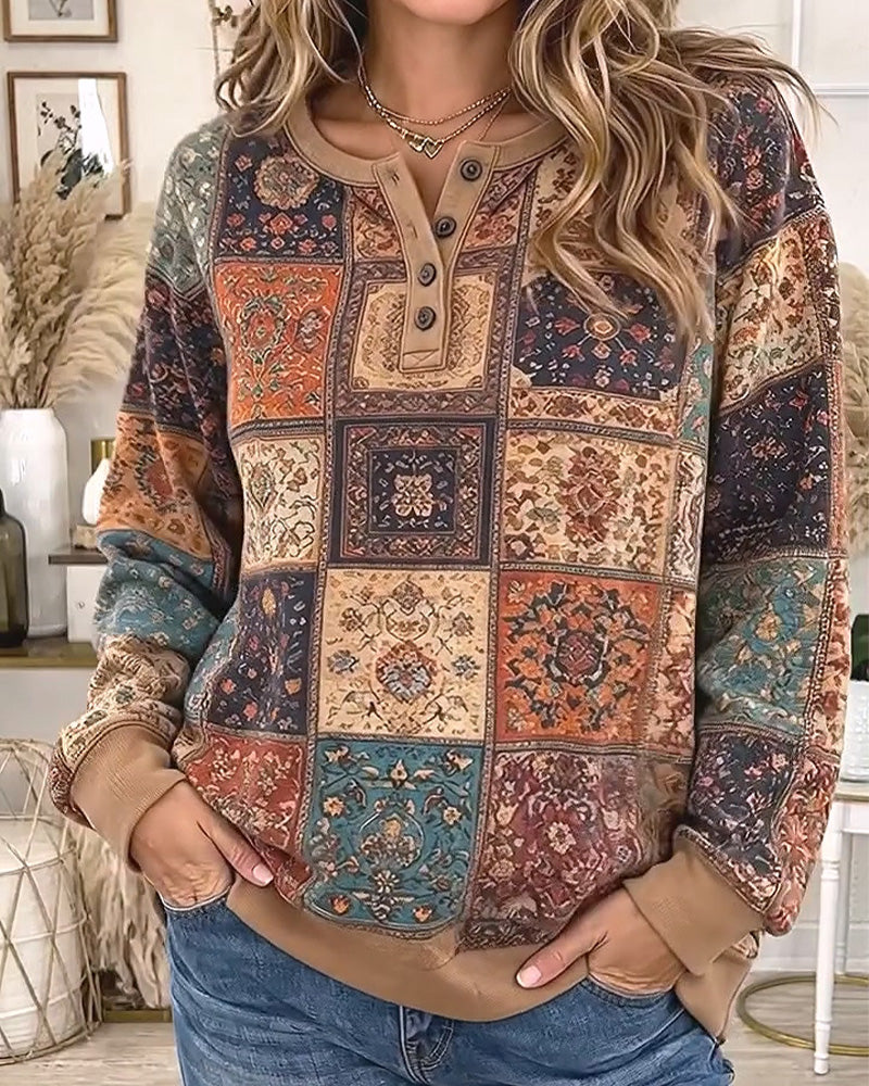 Round Neck Buttoned Plaid Contrast Sweatshirt