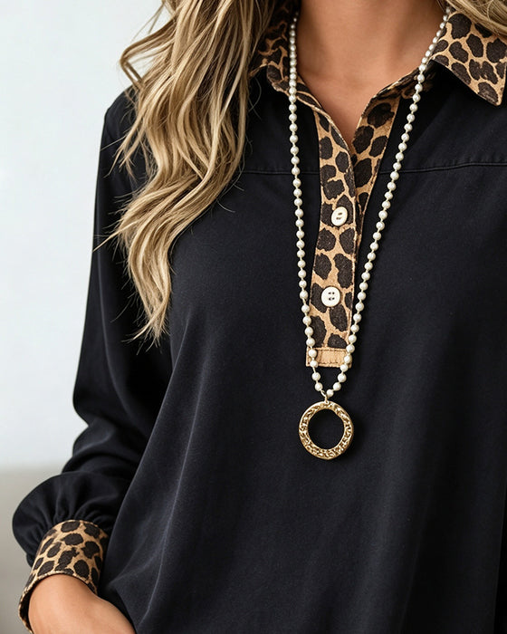 Leopard Print Lapel Patchwork Button Top