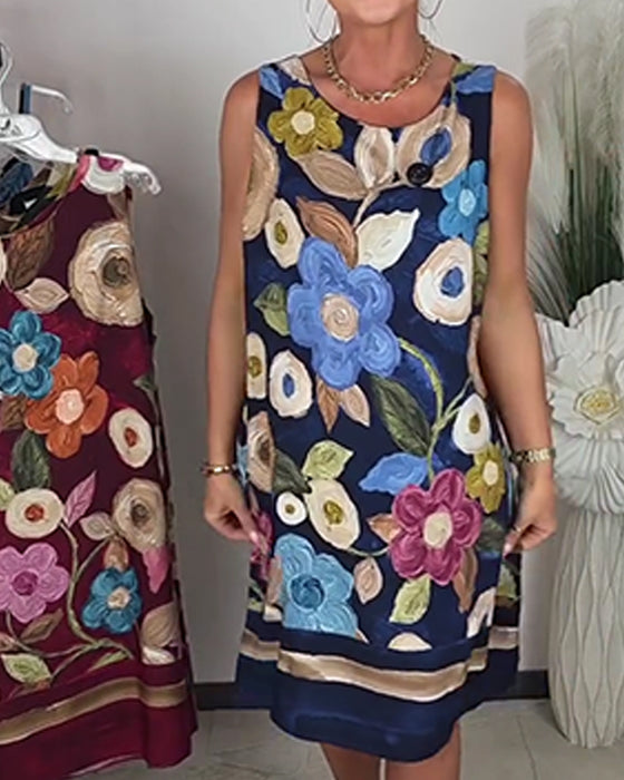 Oil Painting Floral Sleeveless Shift Dress