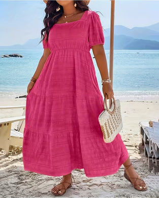 Square Neck A Hem Short Sleeve Dress