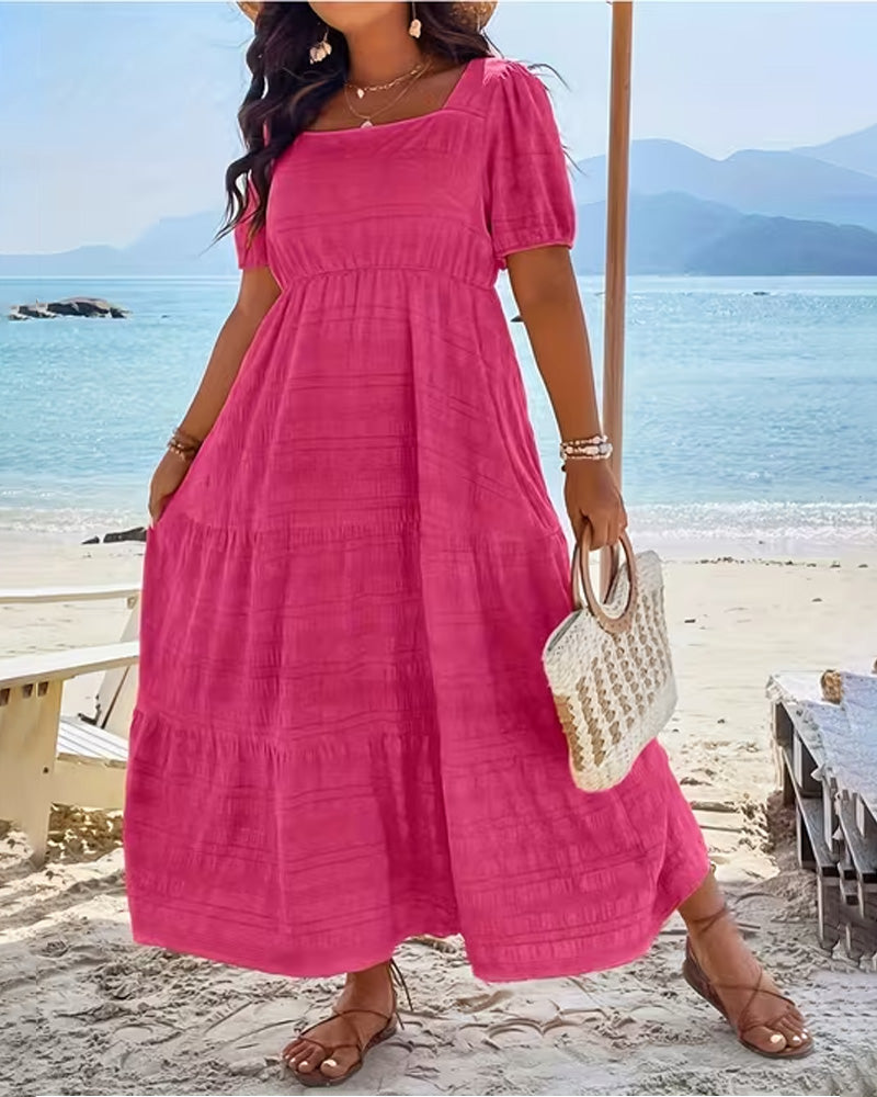 Square Neck A Hem Short Sleeve Dress