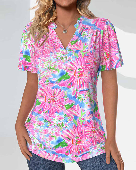 Short-sleeved floral button-up blouse