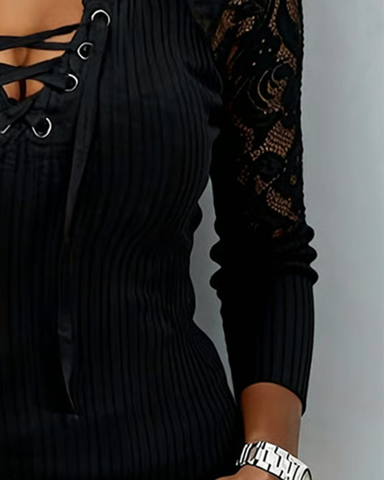 Lace Raglan Tie Long Sleeve Blouse