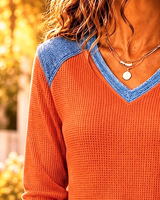 Casual V-Neck Patchwork Denim Blouse