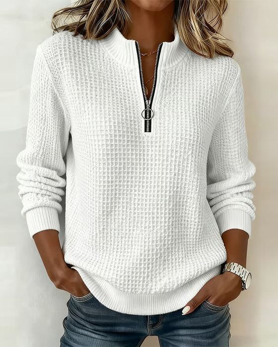 Stand-Collar Zip Long-Sleeve Waffle Sweatshirt