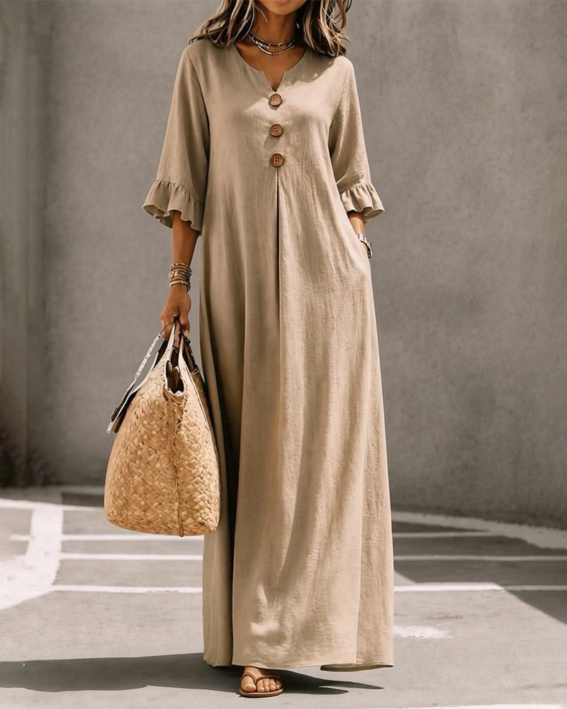 V-Neck Button Ruffle Full Skirt Dress