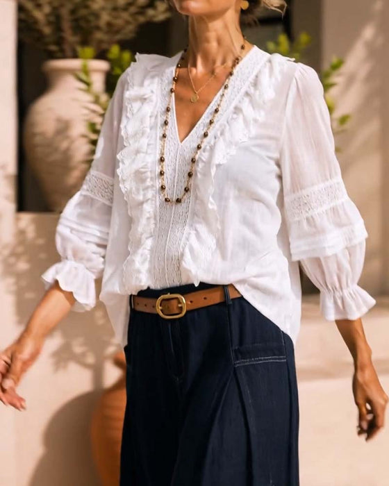V-Neck Solid Color Lace Blouse