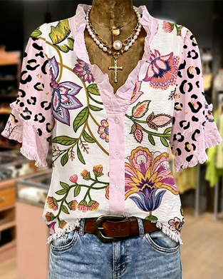 V-Neck Contrast Print Blouse