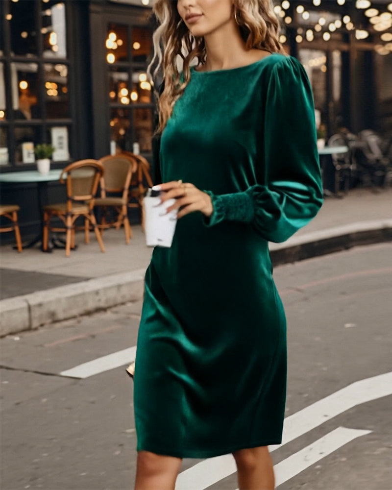 Puff Sleeve Boat Neck Velvet Dress