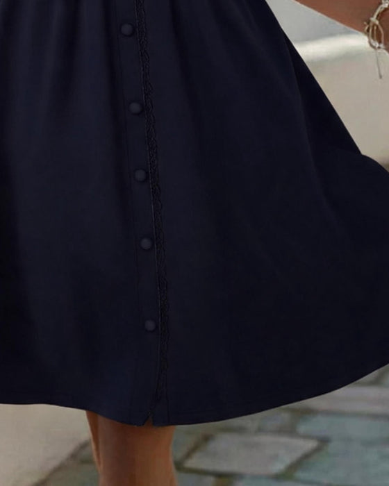 V-Neck Button Shirred Lace Patchwork Dress