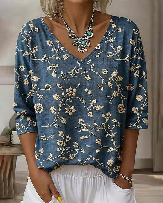 V-Neck Half Sleeve Floral Blouse