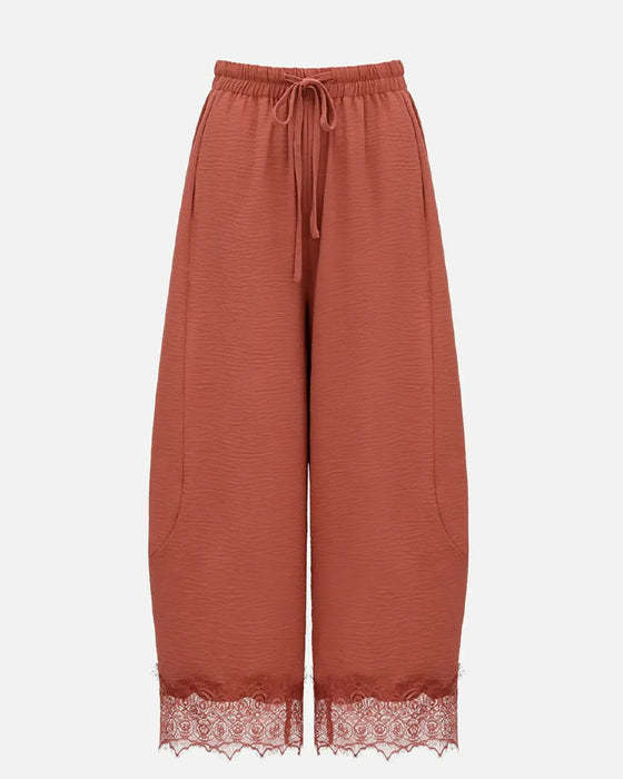 Elastic Waist Lace-Panel Casual Pants