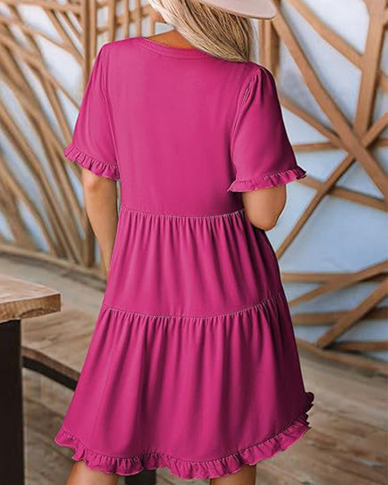 Ruffle Trim V-Neck Tiered Hem Dress