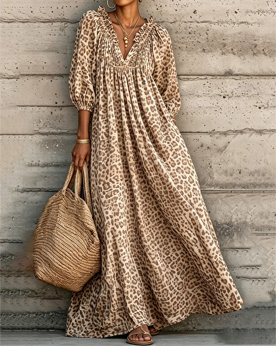 Leopard Print V-Neck Puff Sleeve Dress