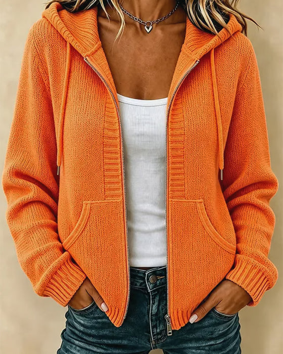 Hooded Zip Pocket Drawstring Sweater Coat
