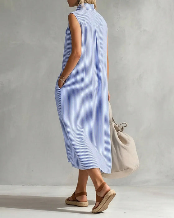 Sleeveless Lapel Striped Dress