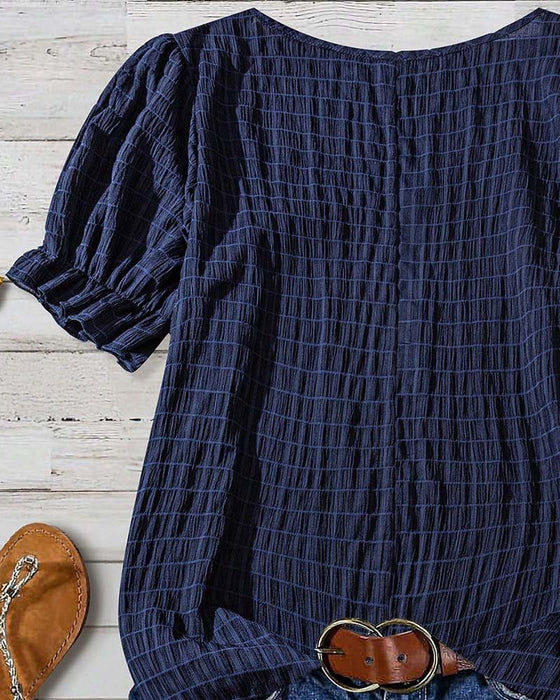 Puff-Sleeve Plaid Blouse