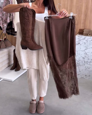 Elegant Satin Lace Patchwork Skirt