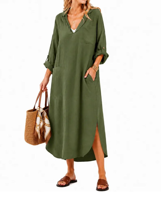 Lapel V-Neck Pocket Slit Dress