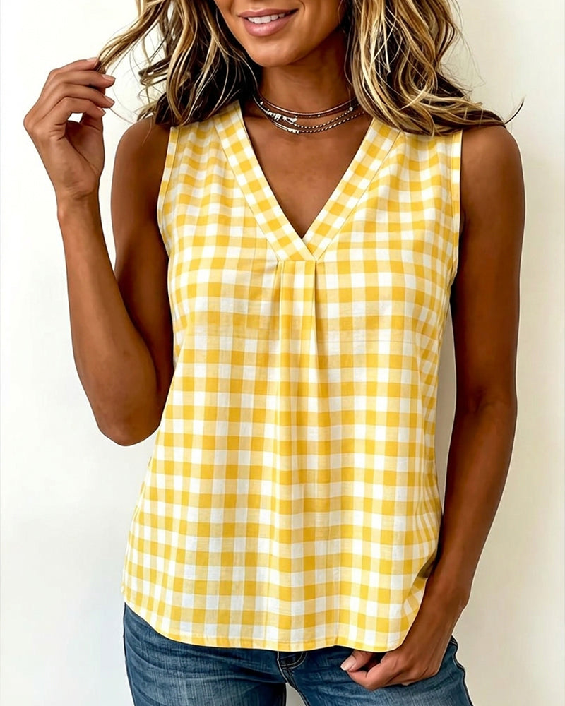Plaid V-neck Sleeveless Tank Top