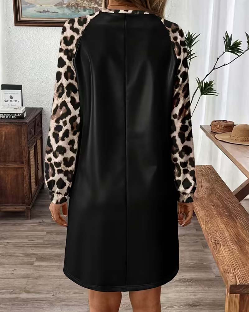 Crew-Neck Leopard Patchwork Dress