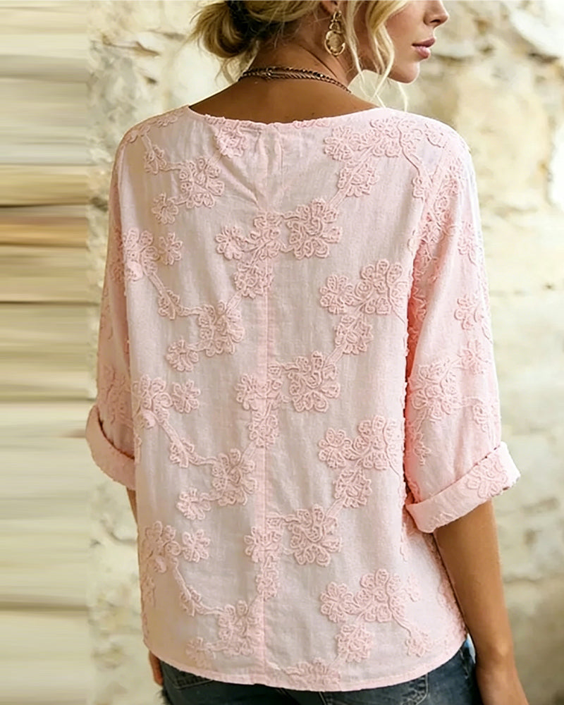 100% Cotton V-Neck Flower Print 3/4 Sleeve Blouse