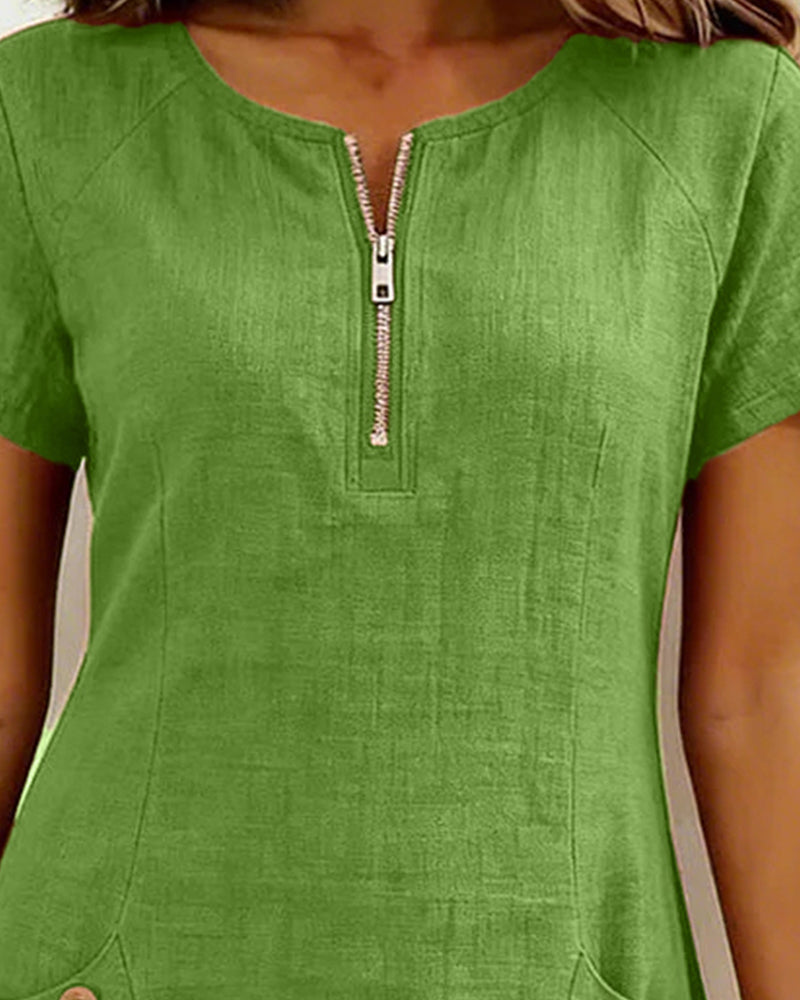 Zipper Pocket Cotton Linen Dress