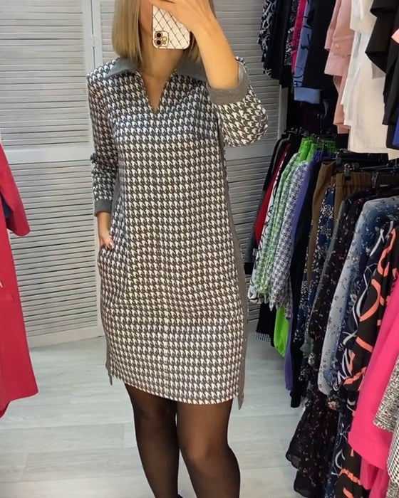 Lapel Dress with Pocket and Plaid
