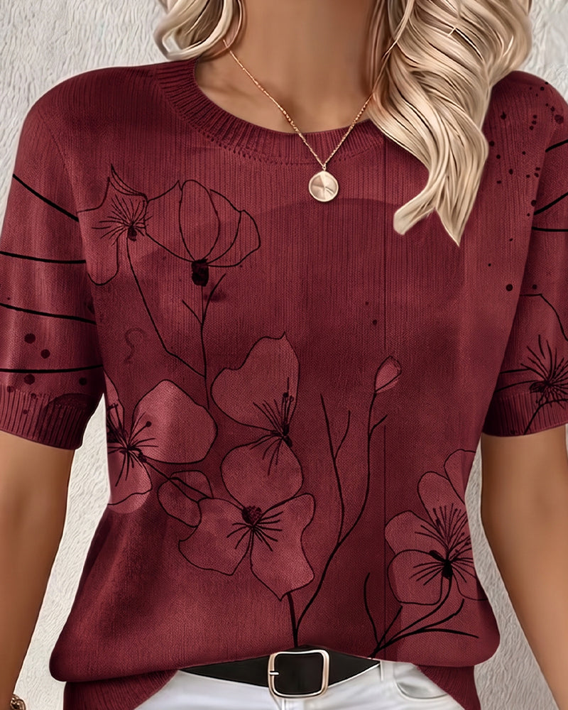 Printed Short-Sleeve Knitted Pullover