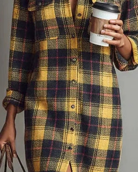 Shirt Collar Plaid Long Sleeve Dress