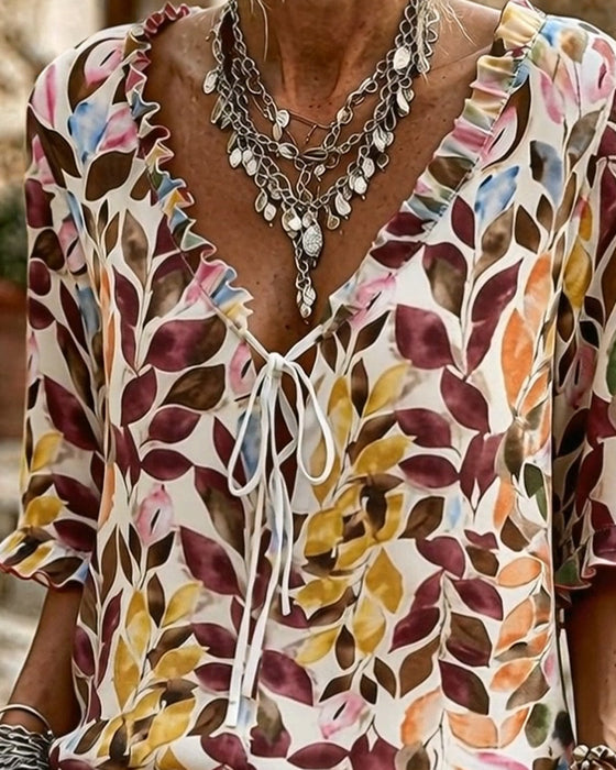 Casual Print Ruffle Sleeve Blouse